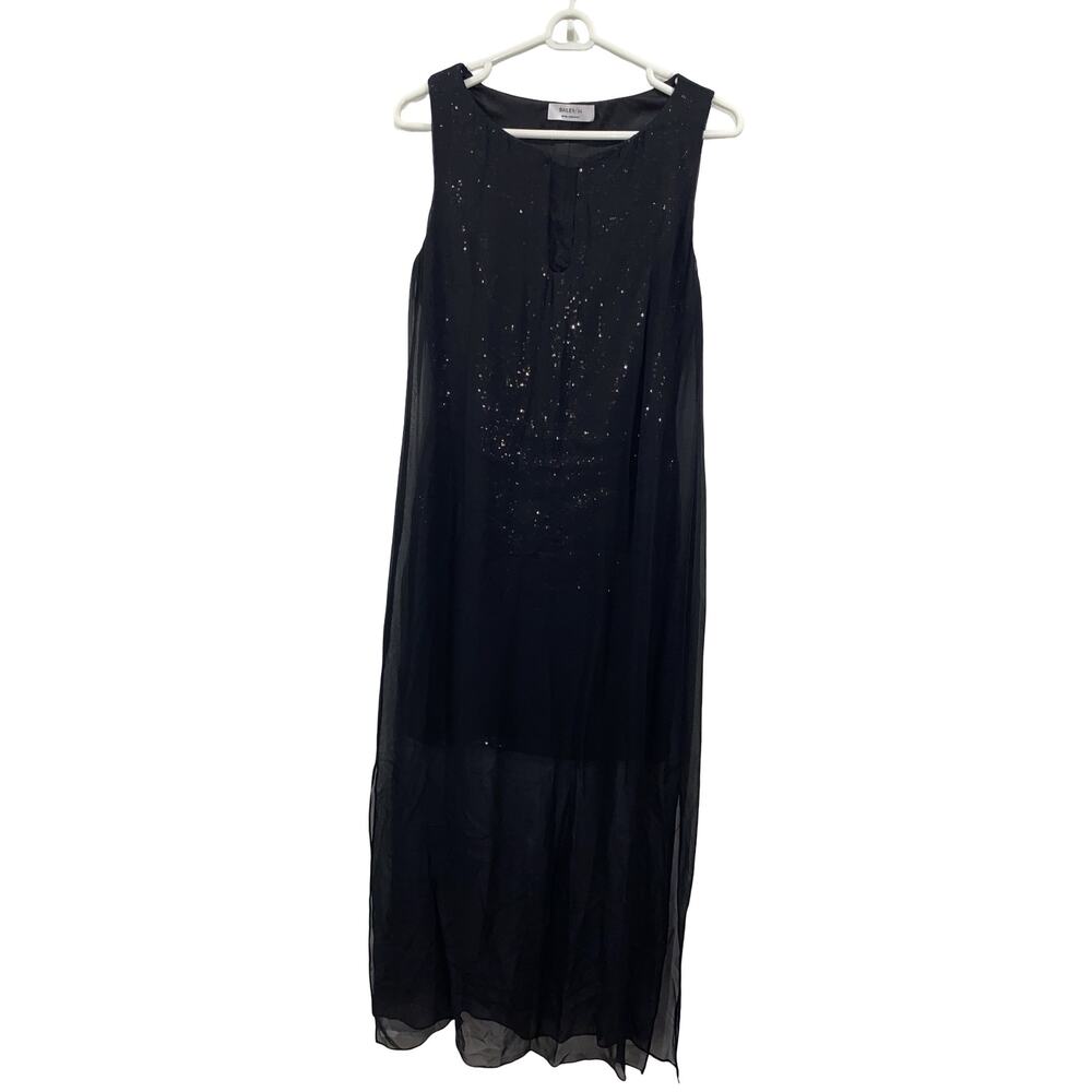 Bailey/44 Black Sequin Sleeveless Tunic Maxi Dress w/ Sheer Overlay Size Medium